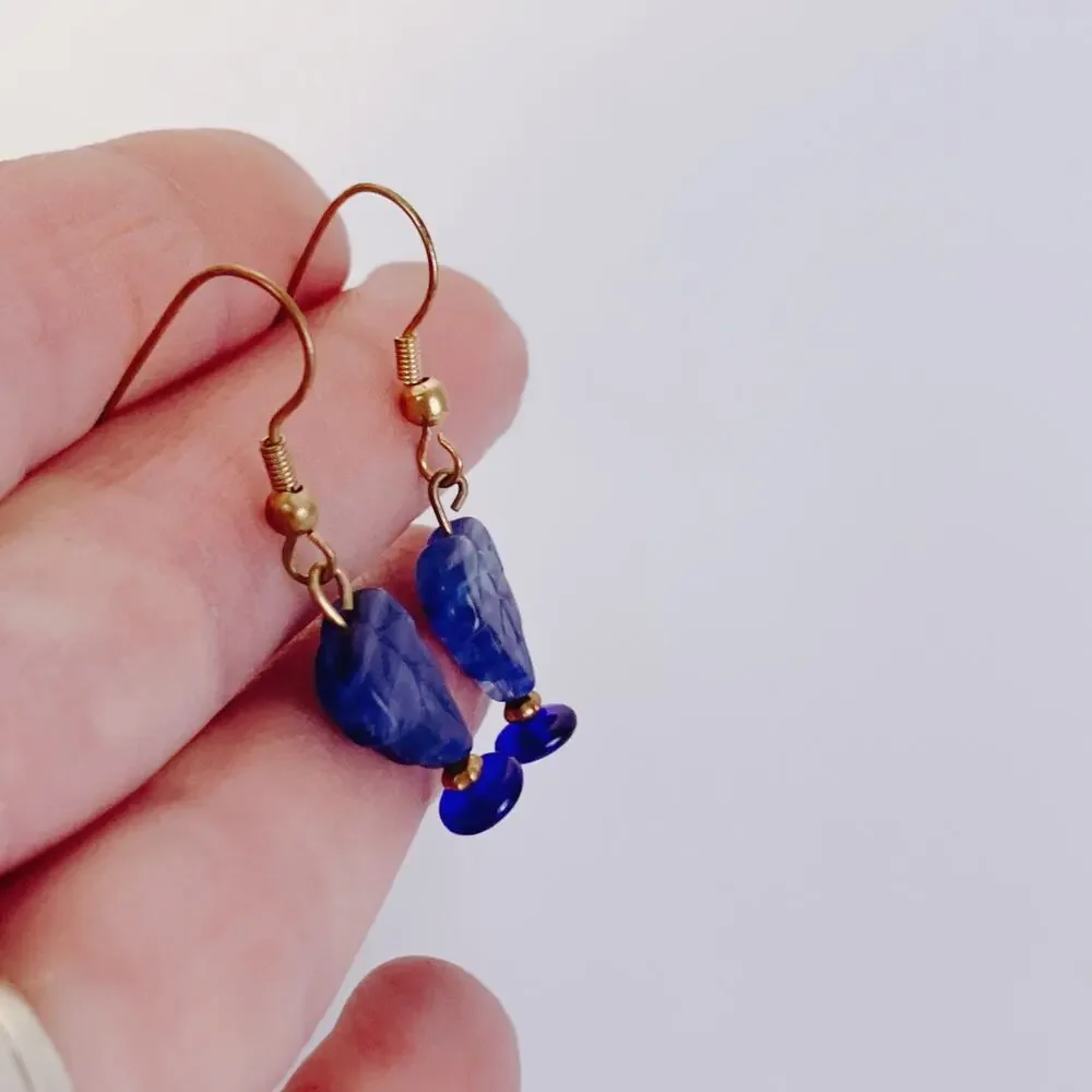 Colbalt Blue Glass Leaf Dangle Earrings Cute Boho Botanical Gold Tone Hooks